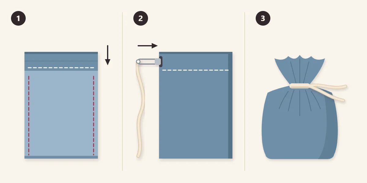 Three steps: stitch the casing, thread the cord with a safety pin, pull to gather