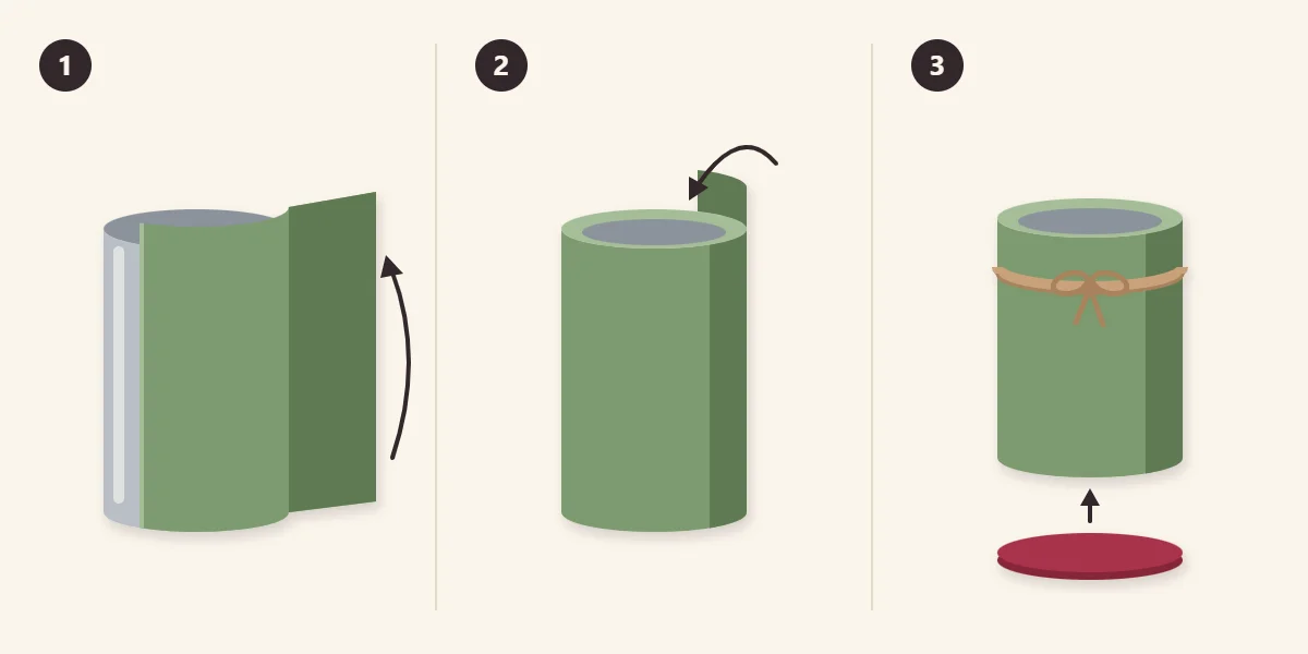 Three steps: wrap the fabric, fold the top edge over the rim, add twine and a felt base