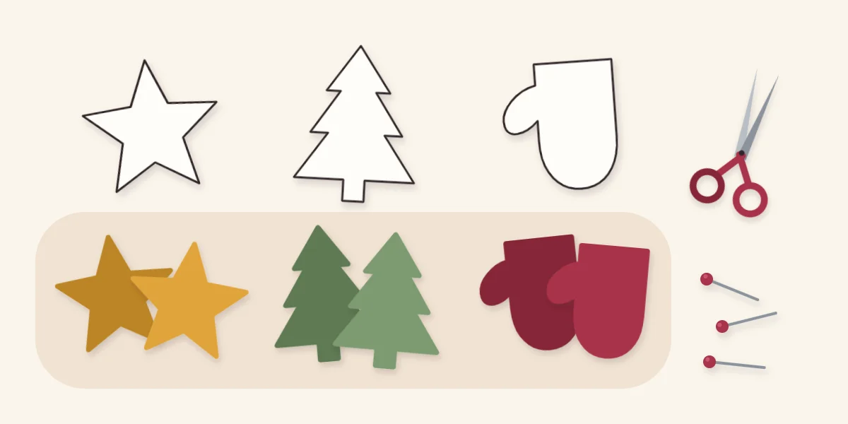 Star, tree and mitten paper templates with two felt pieces cut for each