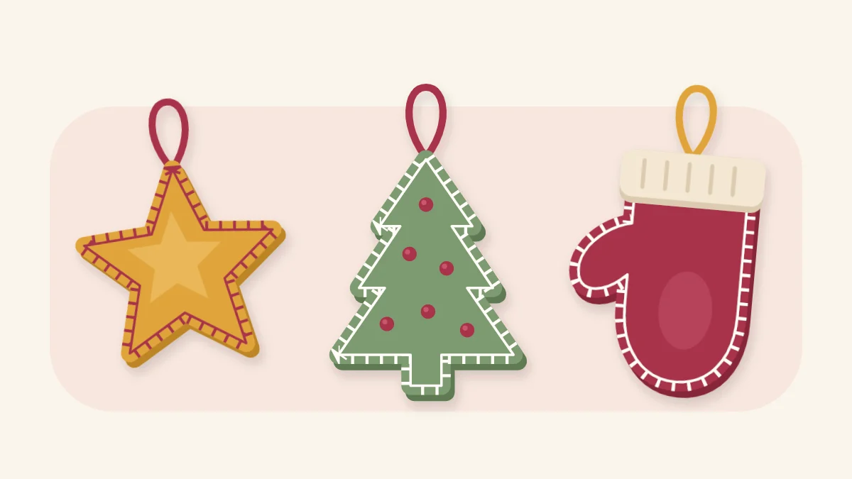 Three felt Christmas ornaments, a star, a tree and a mitten, with ribbon loops