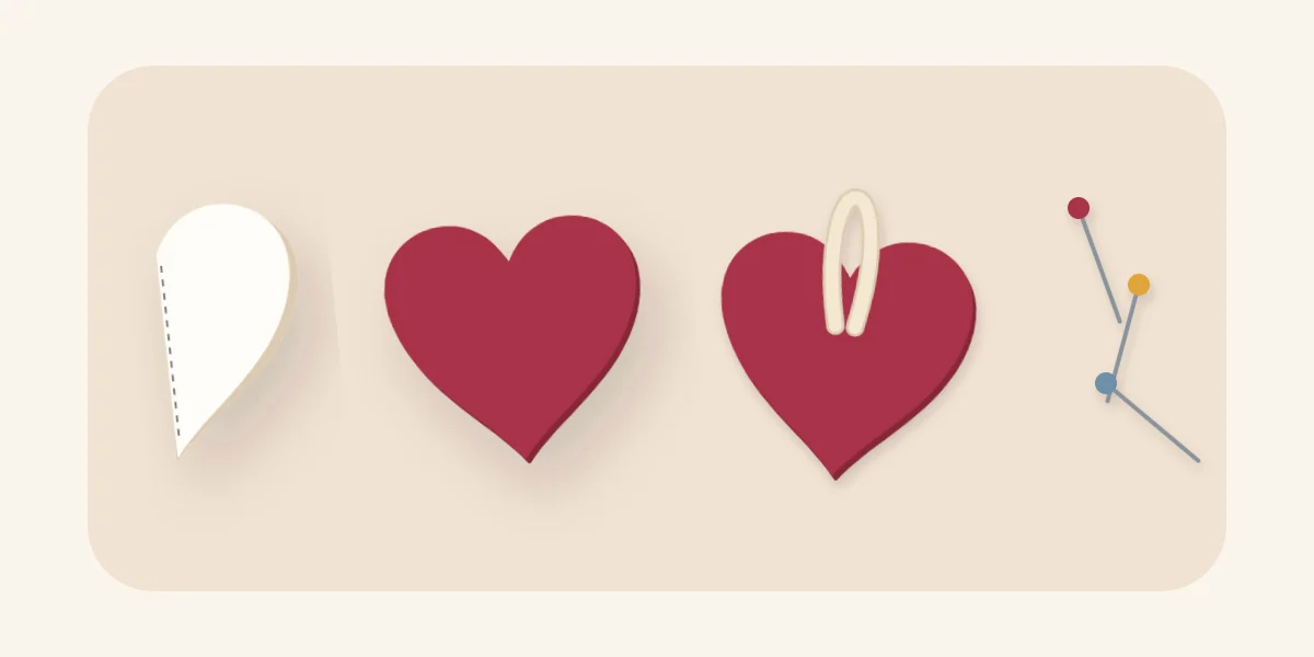 Paper heart template, two matching felt hearts and a folded ribbon loop placed at the top