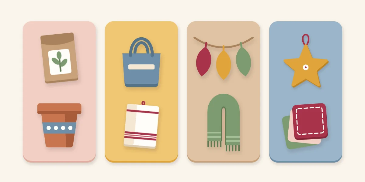 Four seasonal cards each showing two matching handmade gift projects