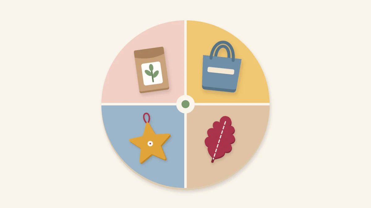 Four-season wheel with a seed packet, a tote bag, a felt leaf and a star ornament
