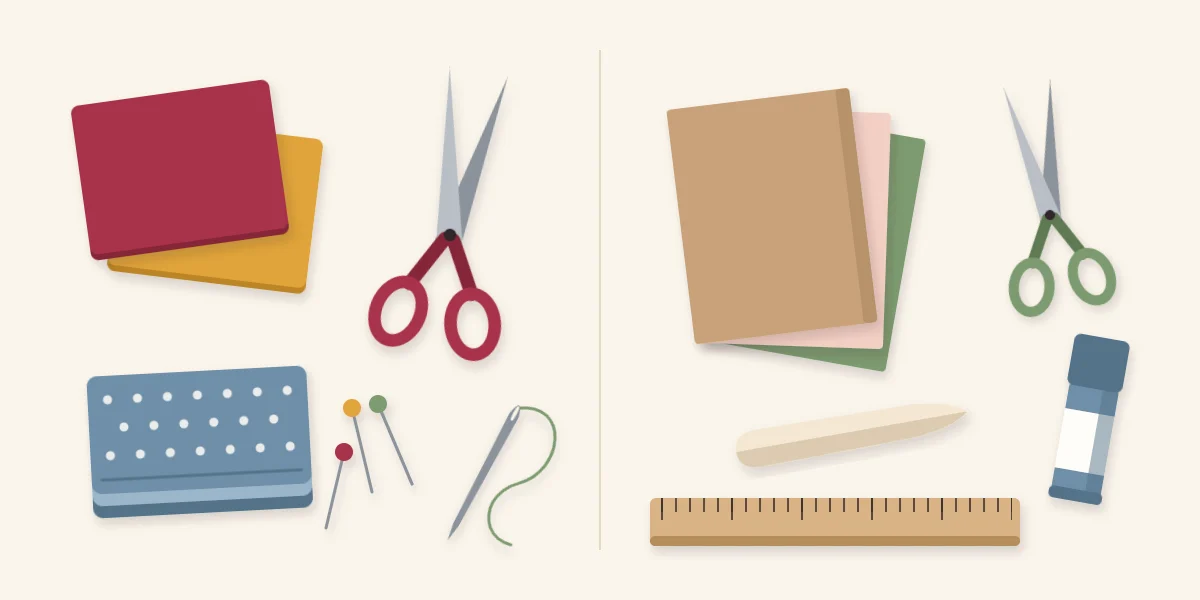 Fabric supplies on the left and paper supplies on the right, each with its own scissors