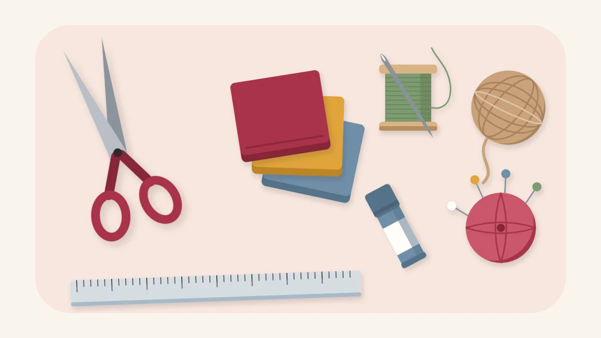 Starter supplies for handmade gifts: scissors, thread and needle, pincushion, ruler, glue stick, felt squares and twine