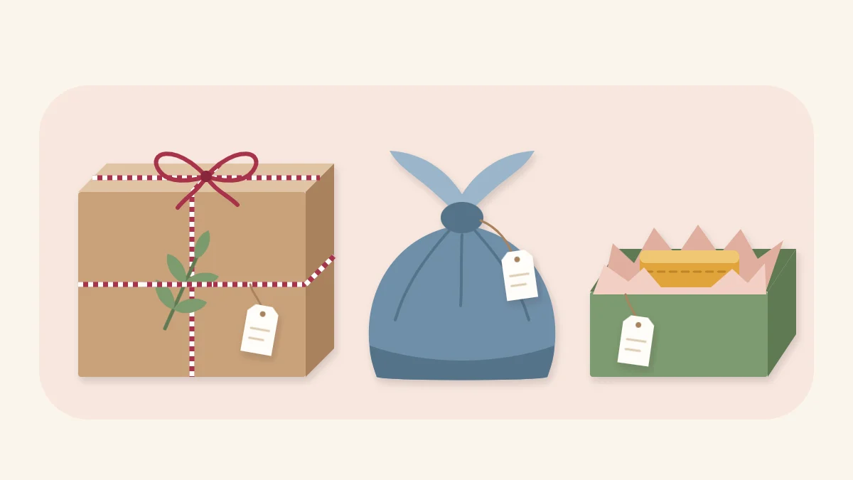 Three wrapped handmade gifts: a kraft paper box with twine, a knotted fabric wrap and a tissue-lined box