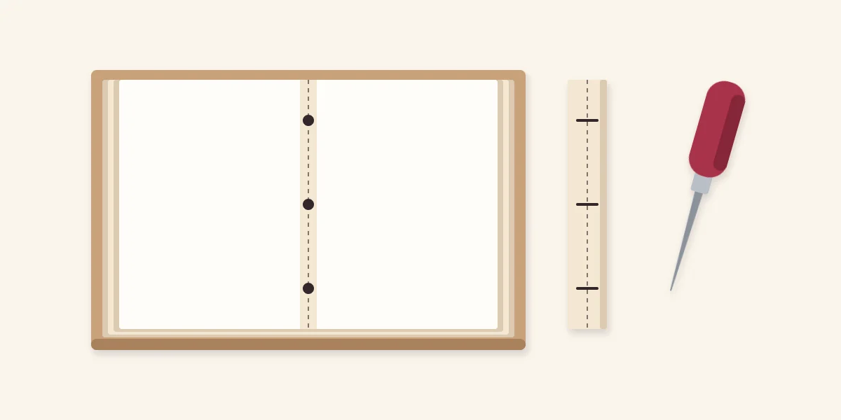 Nested pages open at the centre fold with three hole positions marked and an awl beside them