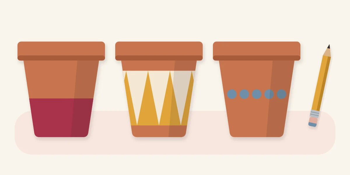 Three pot patterns: color-block base, taped triangles and eraser-stamped dots