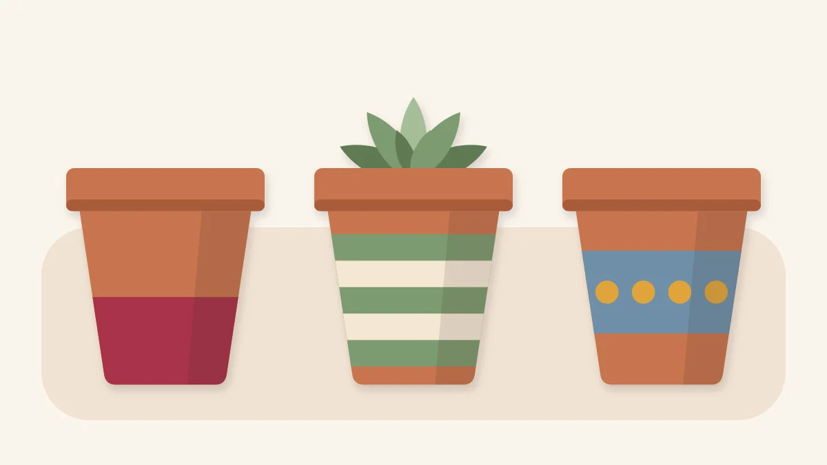 Three painted terracotta pots with color-block, striped and dotted patterns, one holding a succulent