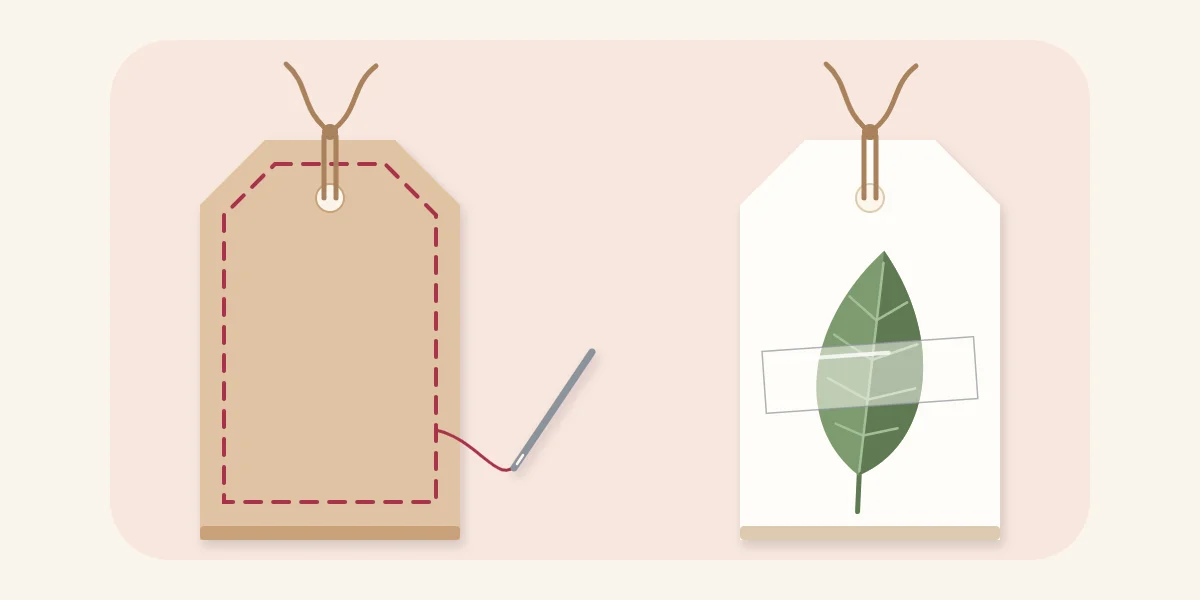 A tag with a hand-stitched border beside a tag with a pressed leaf under clear tape