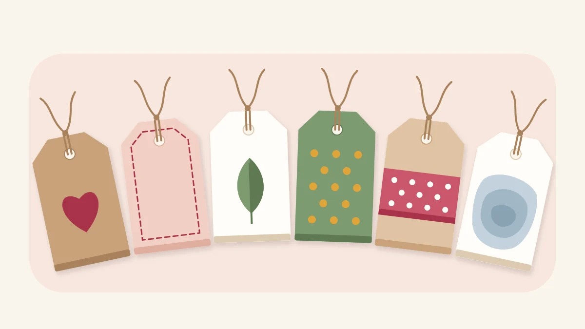 Six handmade cardstock gift tags in different styles, each tied with twine