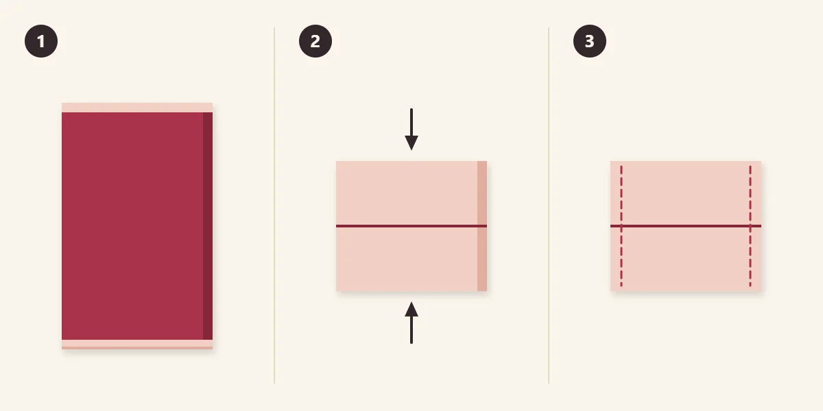 Three steps: press the tube, fold both ends to meet at the center, sew the two sides