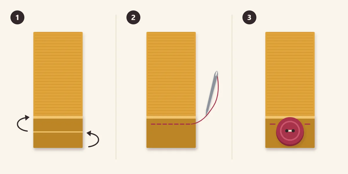 Three steps for a ribbon end: fold twice, stitch the fold, sew a button on top