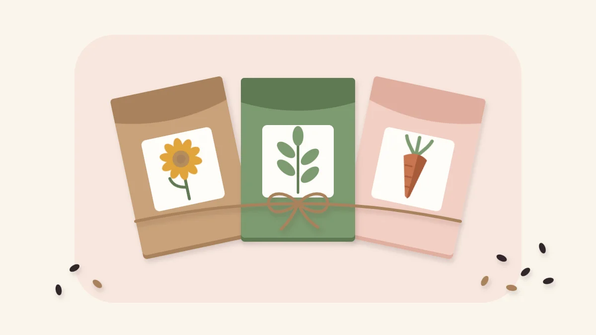 Three handmade paper seed packets with drawn plant icons, tied with twine