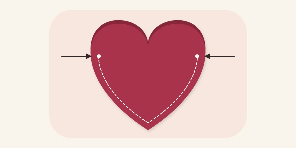 Heart stitched around the lower edge only, leaving the top lobes open as a pocket